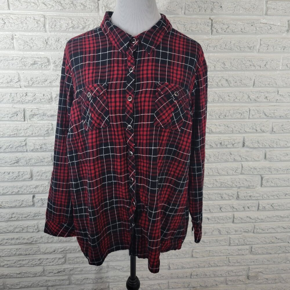 Dress Barn Womens Top 2X Plus Long Sleeve Button Up Red Black Plaid PLA86E